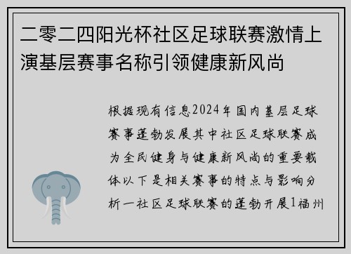 二零二四阳光杯社区足球联赛激情上演基层赛事名称引领健康新风尚