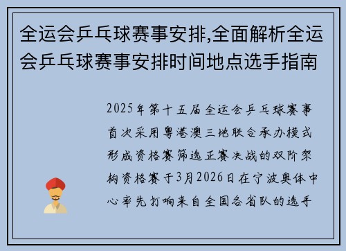 全运会乒乓球赛事安排,全面解析全运会乒乓球赛事安排时间地点选手指南